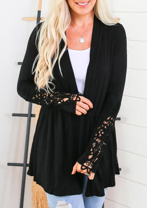 Cardigans Lace Splicing Hollow Out Ruffled Cardigan in Black. Size: M,S