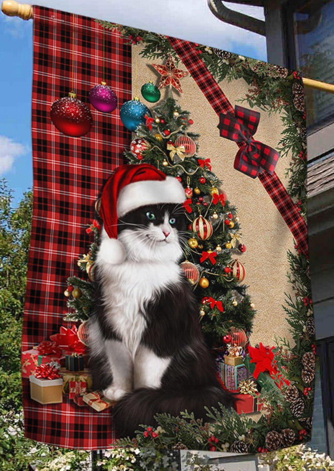 

Garden Flag Christmas Buffalo Plaid Cat Hanging Ornament Flag in Multicolor. Size