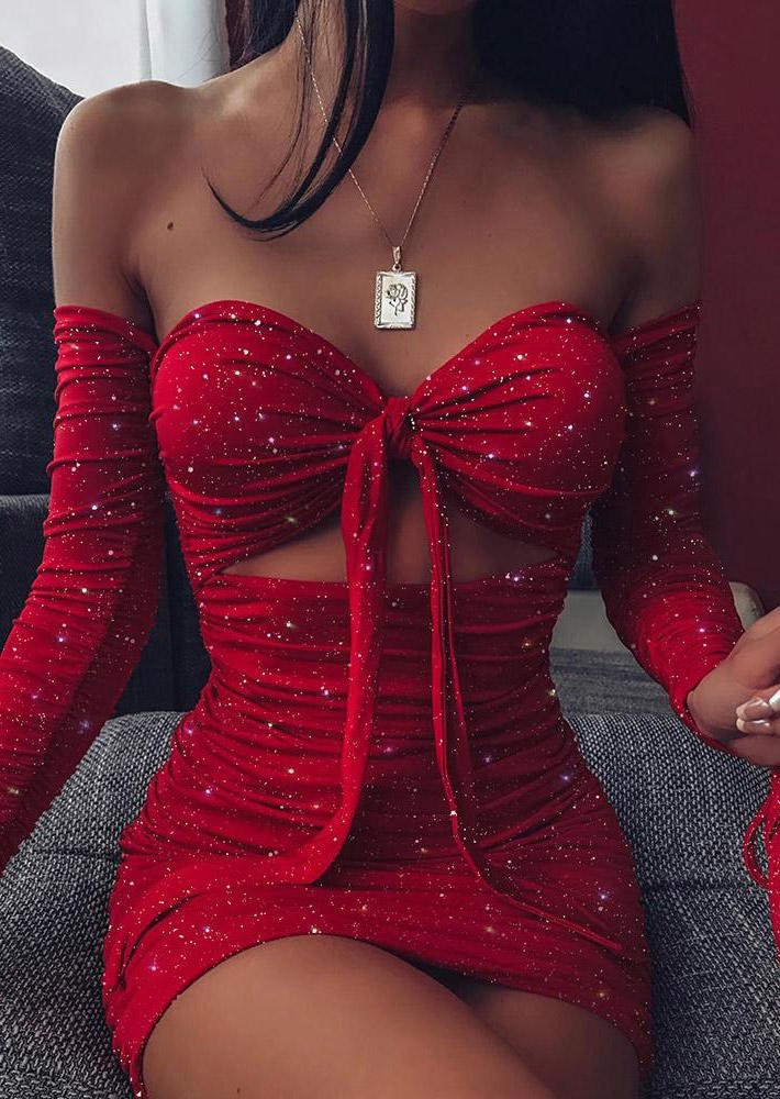 

Bodycon Dresses Ruffled Hollow Out Tie Bodycon Dress in Red. Size: ,M,L,XL