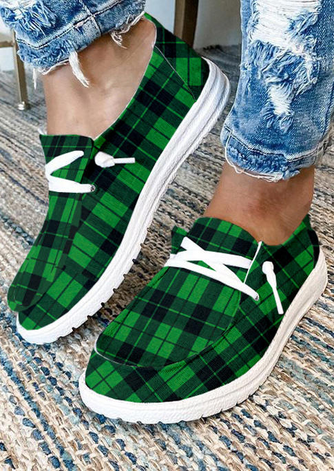 Plaid Slip On Round Toe Flat Sneakers - Green