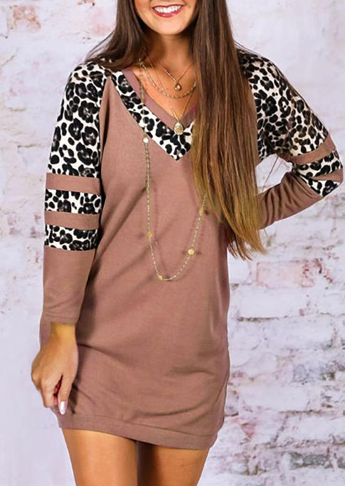 Leopard V-Neck Long Sleeve Mini Dress - Cameo Brown