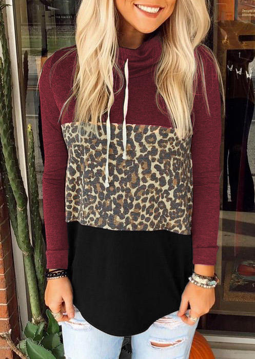 Leopard Color Block Long Sleeve Blouse