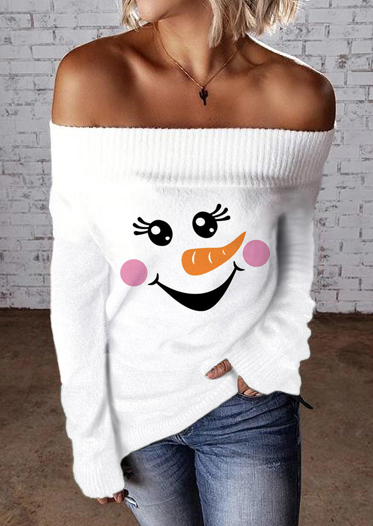 Sweaters Snowman Face Off Shoulder Sweater in White. Size: L,M,S,XL