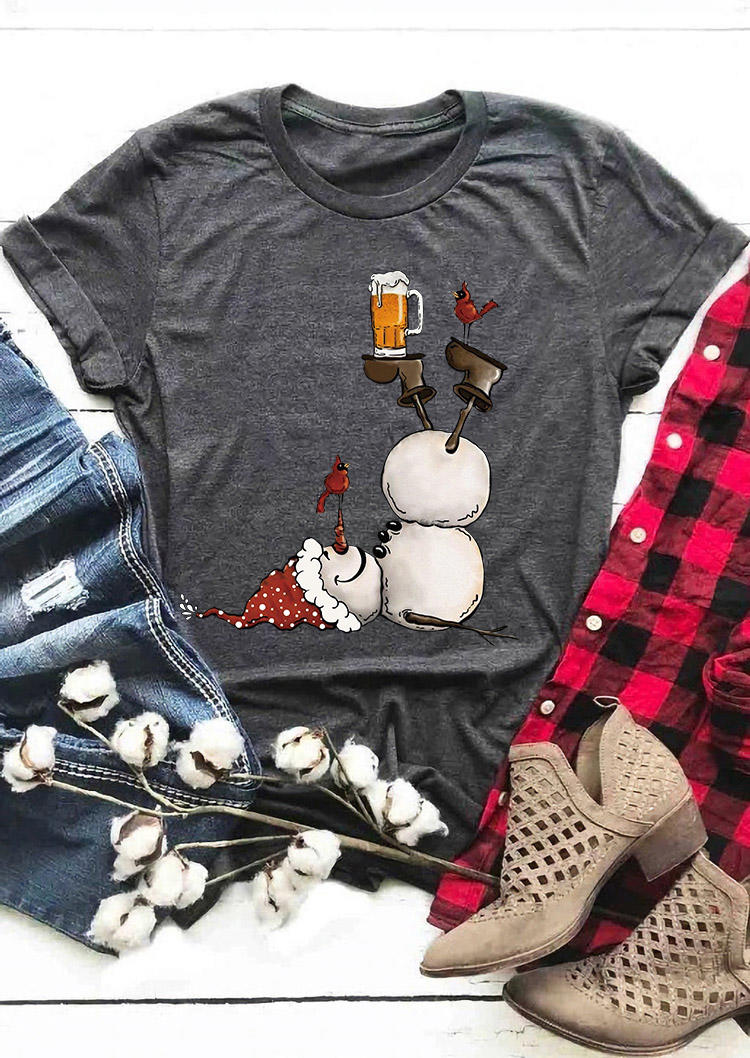 T-shirts Tees Christmas Snowman Bird T-Shirt Tee in Dark Grey. Size: L