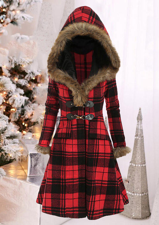 

Coats Plaid Plush Buckle Hooded Long Sleeve Coat in Plaid. Size