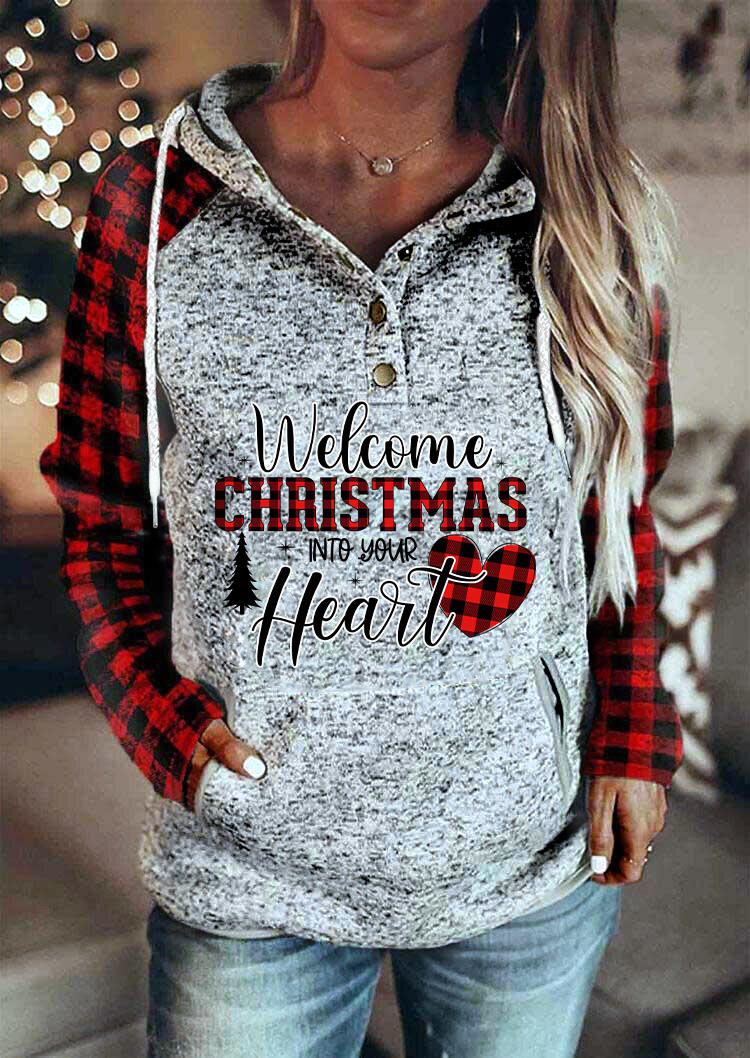 Hoodies Welcome Christmas Into Your Heart Buffalo Plaid Hoodie in Multicolor. Size: L,M