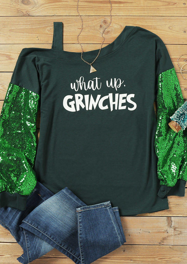 Blouses What Up Sequined Splicing One Sided Cold Shoulder Blouse in Green. Size: S,M,L,XL