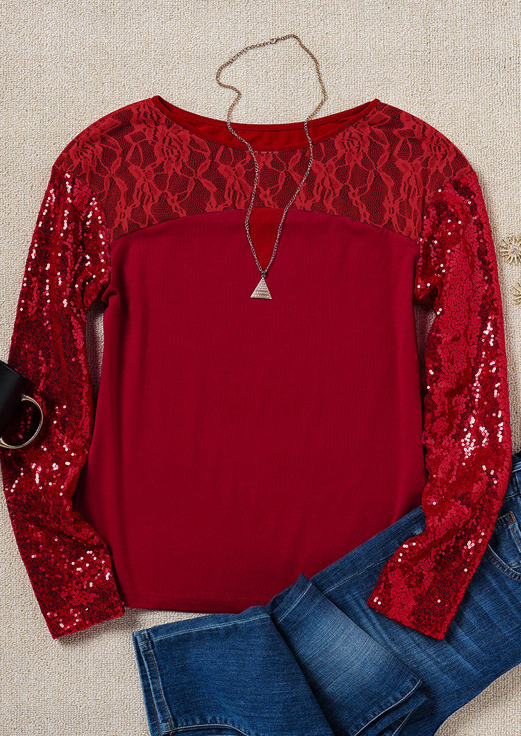 

Blouses Lace Splicing Sequined Long Sleeve Blouse in Burgundy. Size: ,M,L,XL