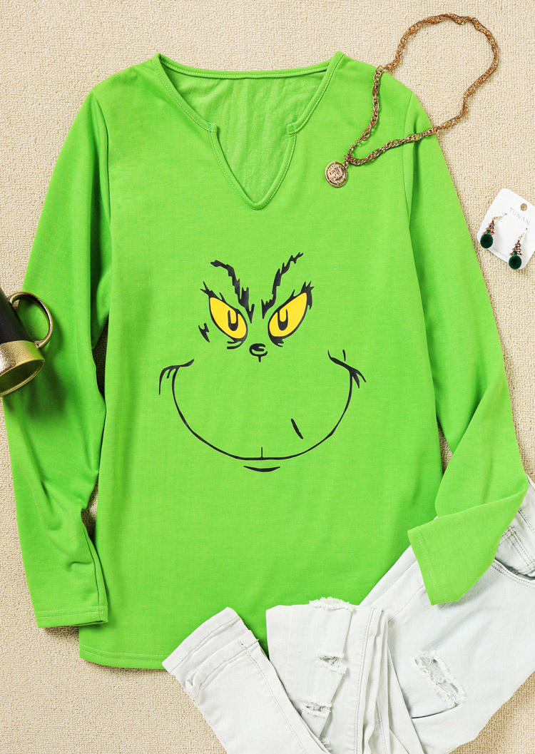 Sweatshirts Cartoon Face Long Sleeve Sweatshirt in Green. Size: M,S
