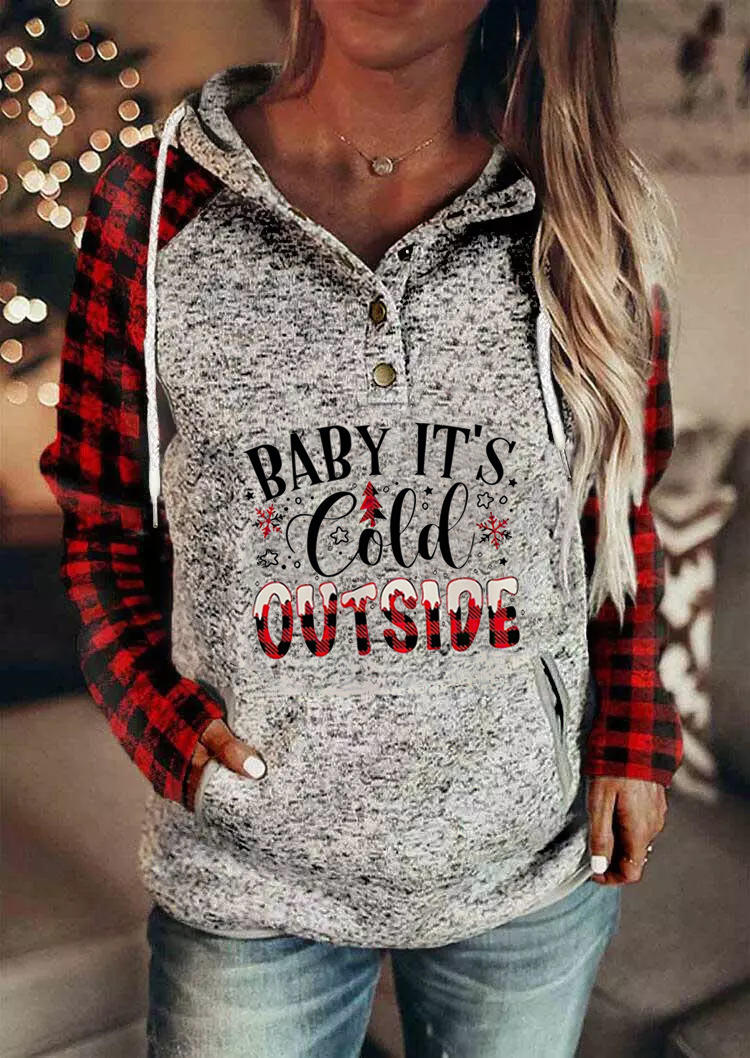 Hoodies Baby It's Cold Outside Plaid Pocket Hoodie - Light Grey in Gray. Size: L,M,S