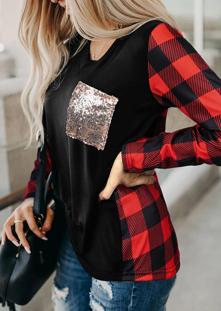 

Blouses Buffalo Plaid Sequined Pocket Blouse in Black. Size: ,M,L,XL