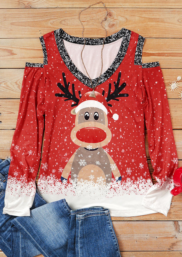 

Blouses Christmas Reindeer Cold Shoulder Blouse in Red. Size: ,XL