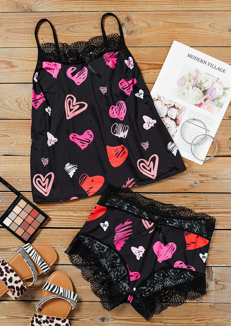 

Sleepwear Lace Love Heart Camisole And Shorts Pajamas Set in Black. Size