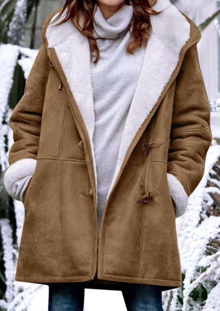 

Coats Horn Button Pocket Plush Hooded Coat in Khaki. Size: ,M,L,XL