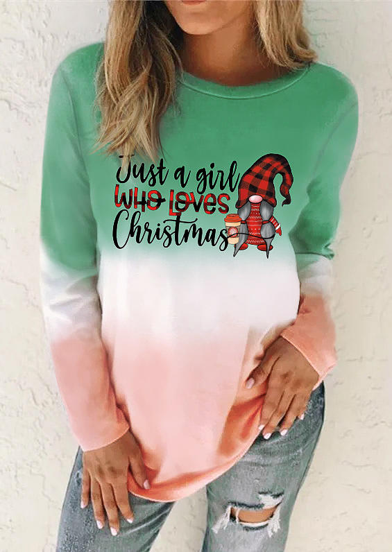 Sweatshirts Just A Girl Who Loves Christmas Gnomies Gradient Sweatshirt in Green. Size: L,M,S