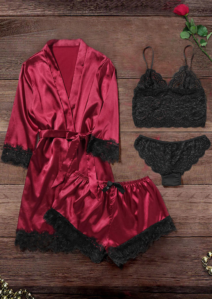 

Lingerie 4Pcs Lace Splicing Lingerie Set With Belt in Burgundy. Size: ,M,L,XL