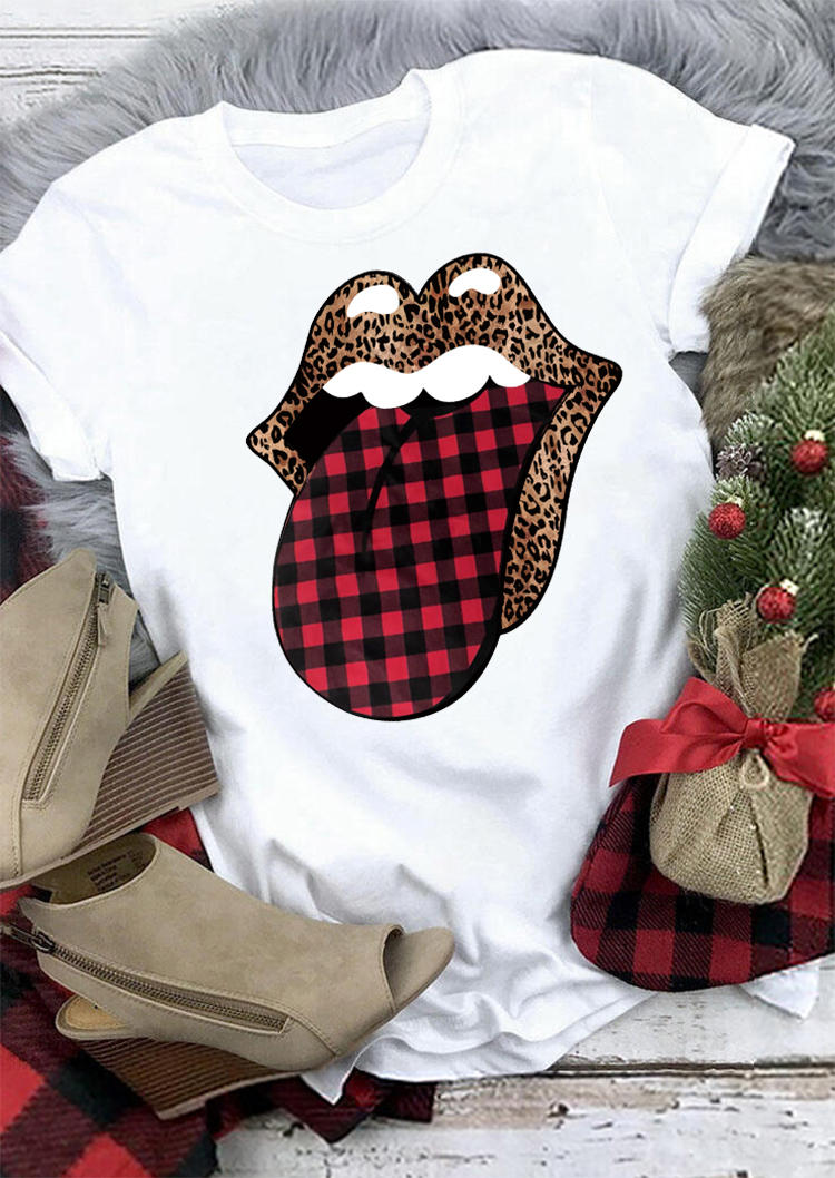 T-shirts Tees Lips Leopard Plaid T-Shirt Tee in White. Size: M,L