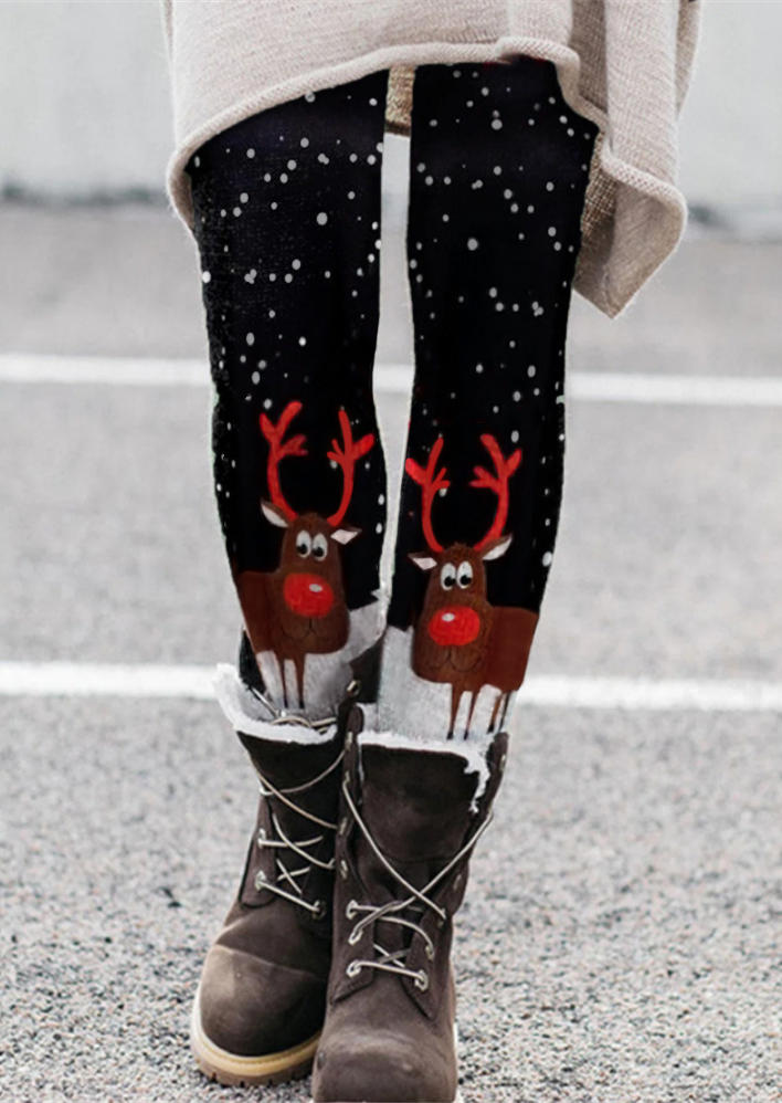 Leggings Christmas Reindeer Elastic Waist Skinny Leggings in Black. Size: XL