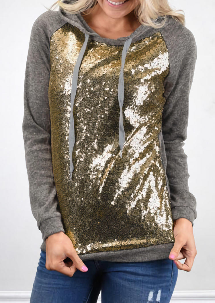 

Hoodies Sequined Splicing Long Sleeve Hoodie in Gray. Size: ,M,L