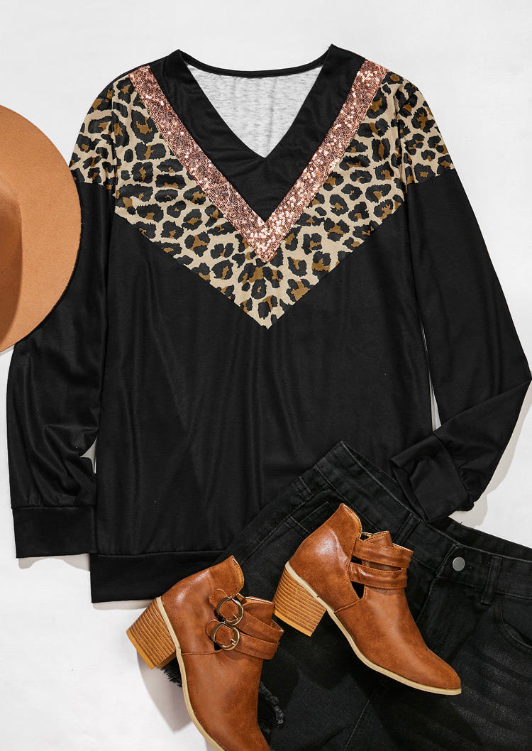 

Blouses Leopard Sequined Splicing V-Neck Blouse in Black. Size