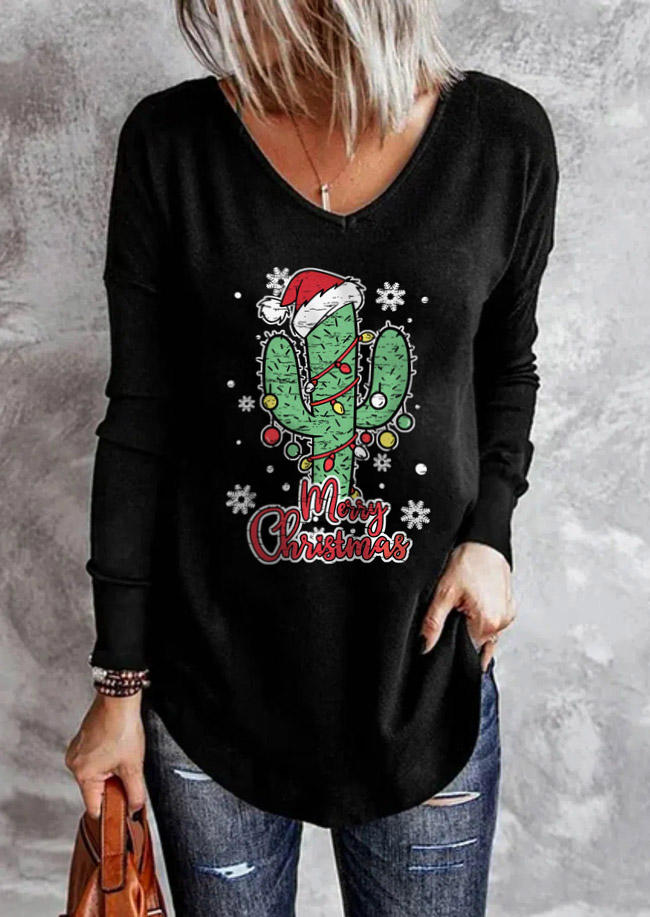 Merry Christmas Hat Cactus T-Shirt Tee - Black