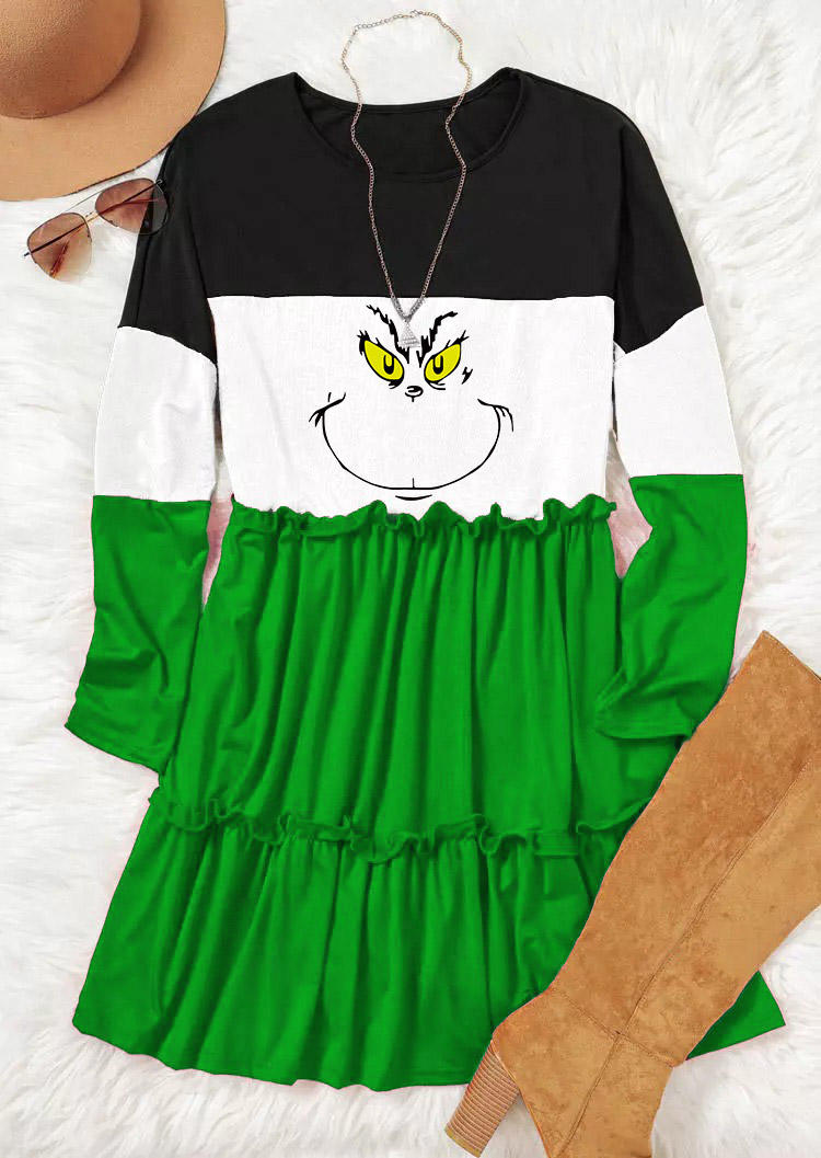 Mini Dresses Color Block Cartoon Ruffled Mini Dress in Green. Size: L,M,S,XL
