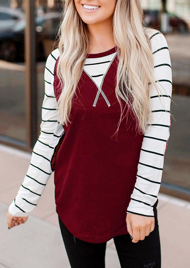 

T-shirts Tees Striped Plaid Splicing Elbow Patch T-Shirt Tee in Red. Size: L,M,,XL