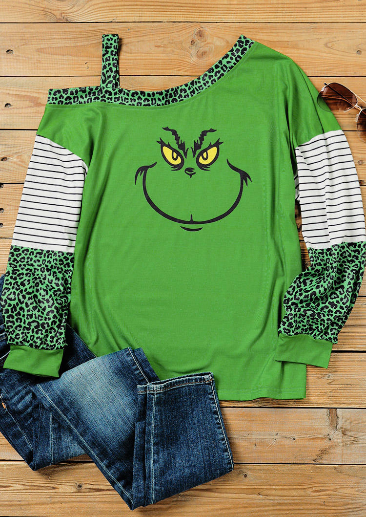 Blouses Cartoon Striped Leopard Cold Shoulder Blouse in Green. Size: M,XL