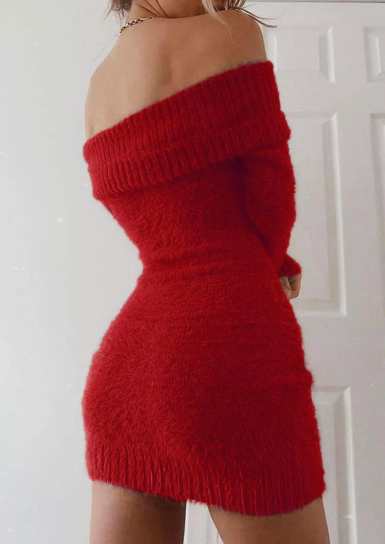 Off Shoulder Sweater Bodycon Dress - Red