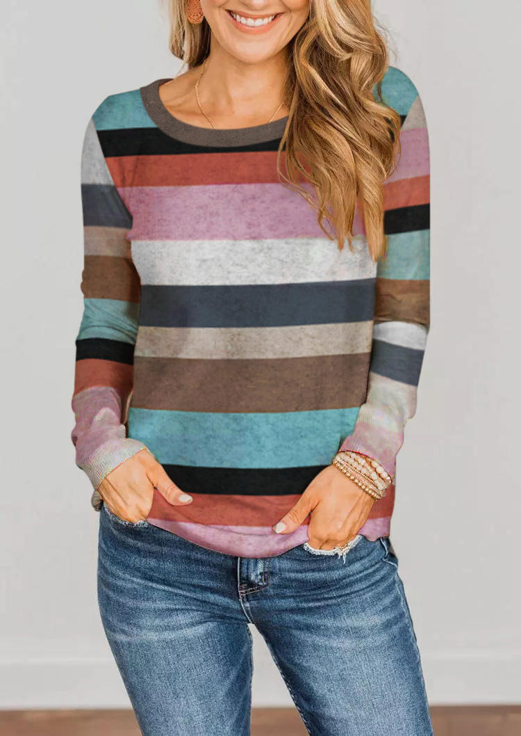 Blouses Striped Color Block Long Sleeve Blouse in Multicolor. Size: L,S,XL