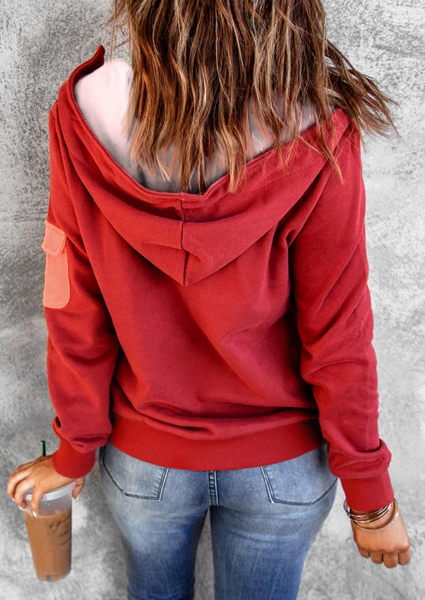 Hoodies Zipper Pocket Long Sleeve Hoodie in Red. Size: S,M,L,XL