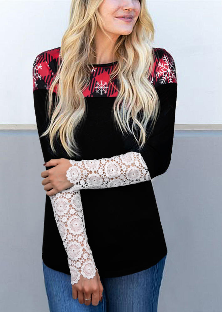 Blouses Plaid Lace Splicing Long Sleeve Blouse in Black. Size: L,M,S,XL