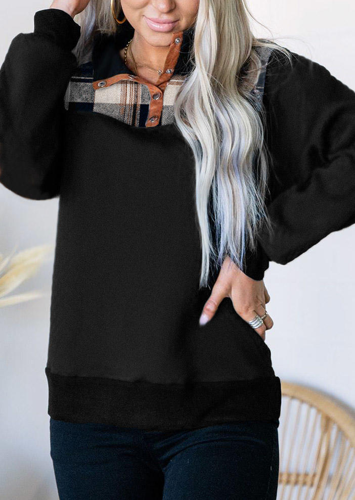 

Sweatshirts Plaid Splicing Button Long Sleeve Sweatshirt in Black. Size
