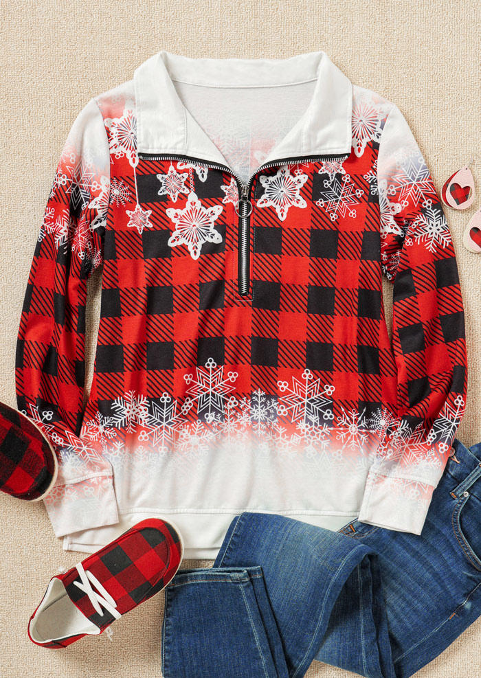 

Sweatshirts Snowflake Plaid Zipper Sweatshirt in Red. Size: ,XL