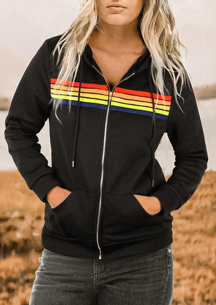 

Coats Rainbow Striped Pocket Hooded Coat in Black. Size: ,M,L,XL