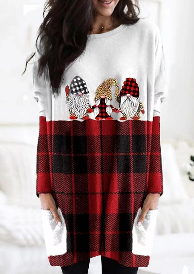 

Mini Dresses Christmas Gnomies Plaid Pocket Mini Dress in Red. Size