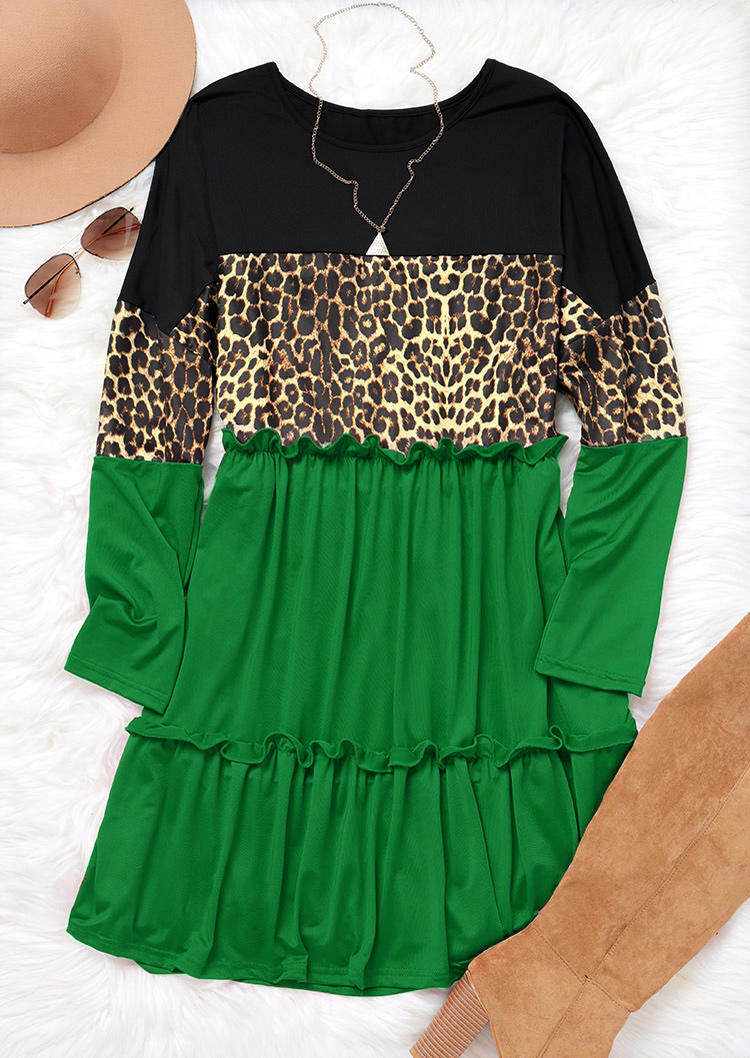 Leopard Color Block Ruffled Splicing Mini Dress - Green