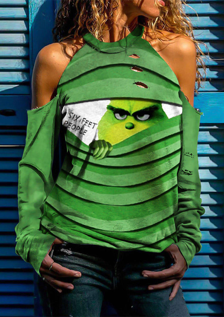 

Sweatshirts Christmas Cartoon Hollow Out Cold Shoulder Sweatshirt in Green. Size