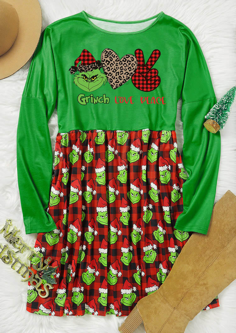 Mini Dresses Cartoon Leopard Plaid Love Peace Mini Dress in Green. Size: L,M