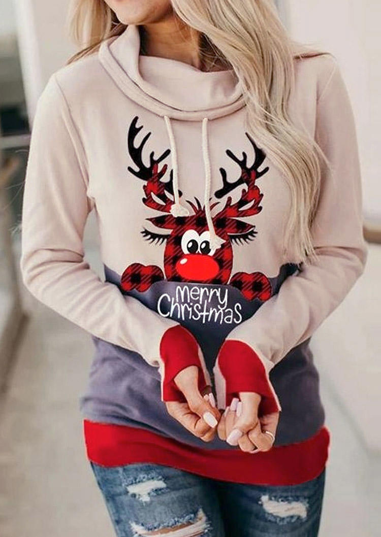 Sweatshirts Merry Christmas Reindeer Plaid Thumbhole Sweatshirt in Apricot. Size: L,M,S,XL
