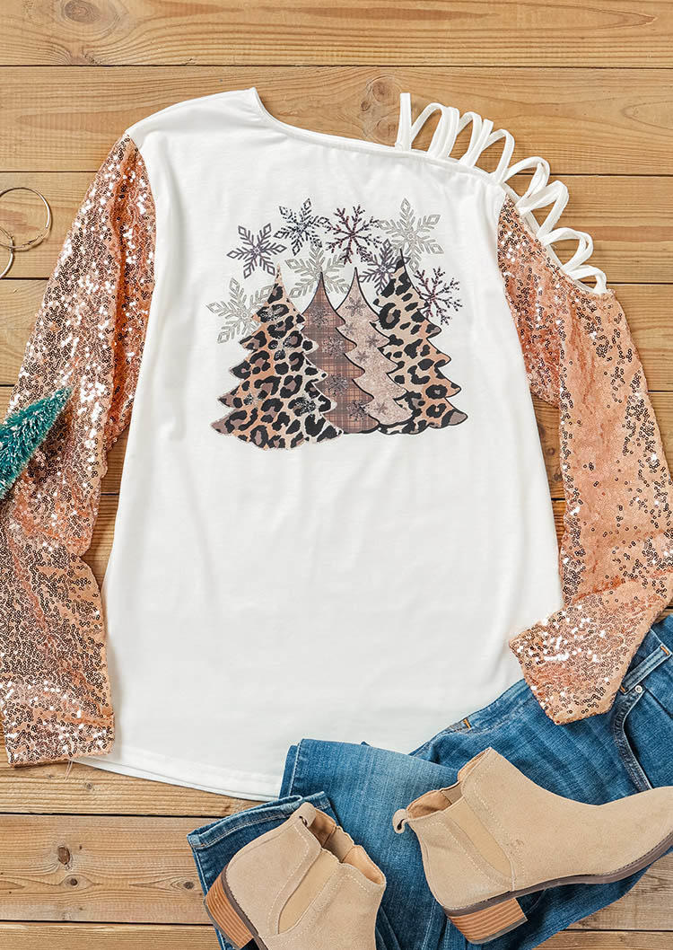 Blouses Tree Sequined Cold Shoulder Blouse in White. Size: M,L,XL