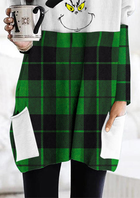 Cartoon Pocket Plaid Mini Dress - Green