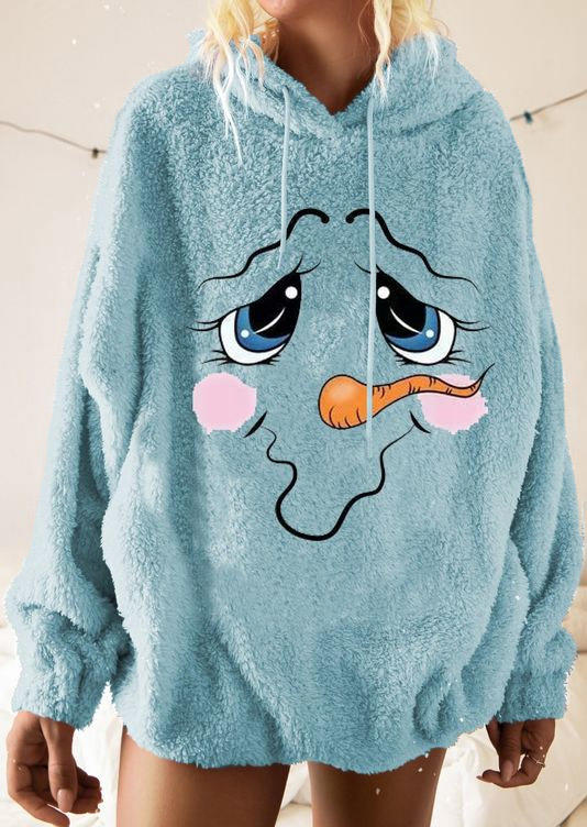 

Hoodies Christmas Snowman Plush Drawstring Hoodie in Blue. Size: ,M,L,XL