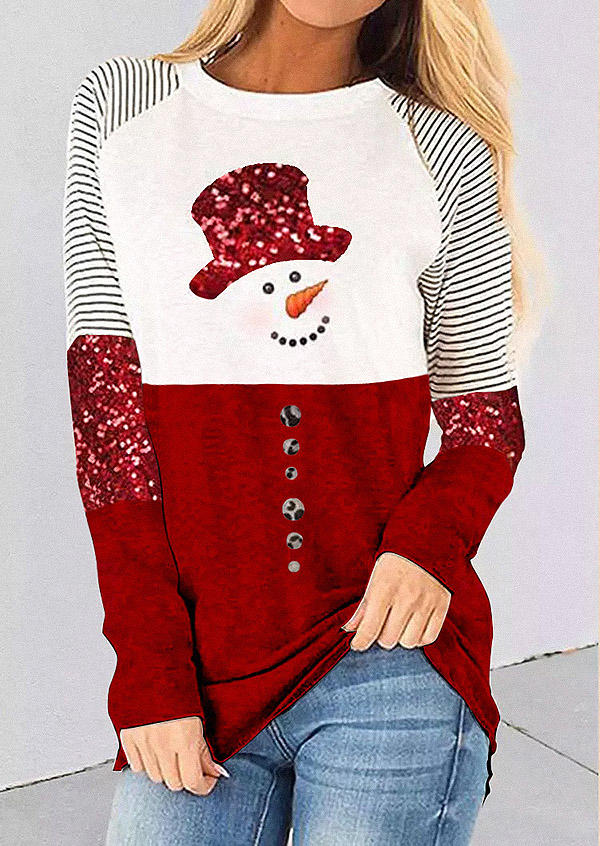 Christmas Snowman Striped Glitter T-Shirt Tee - Red