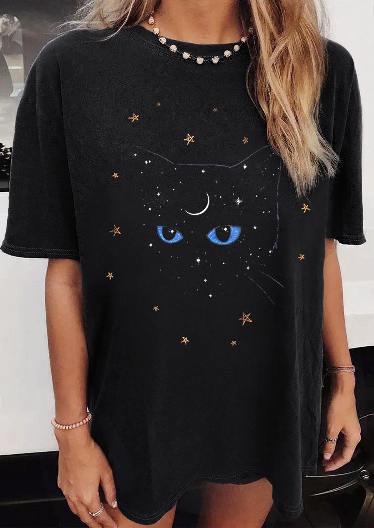 T-shirts Tees Starry Cat O-Neck T-Shirt Tee in Black. Size: M,L,XL