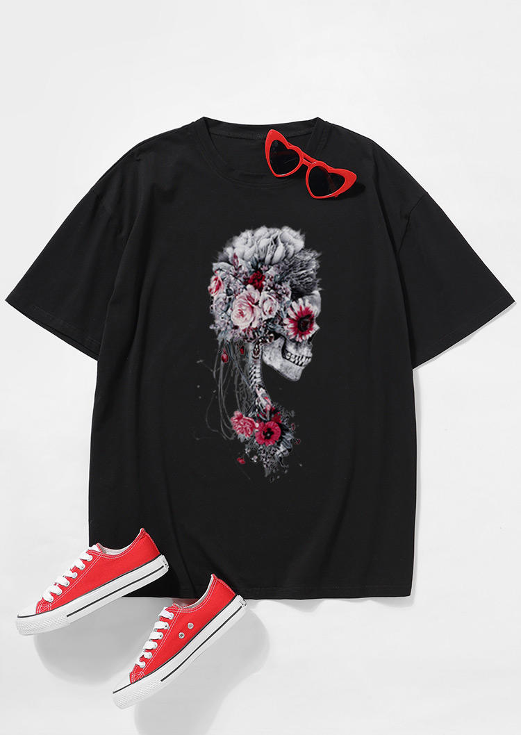 

T-shirts Tees Floral Skeleton O-Neck T-Shirt Tee in Black. Size: ,M,L,XL