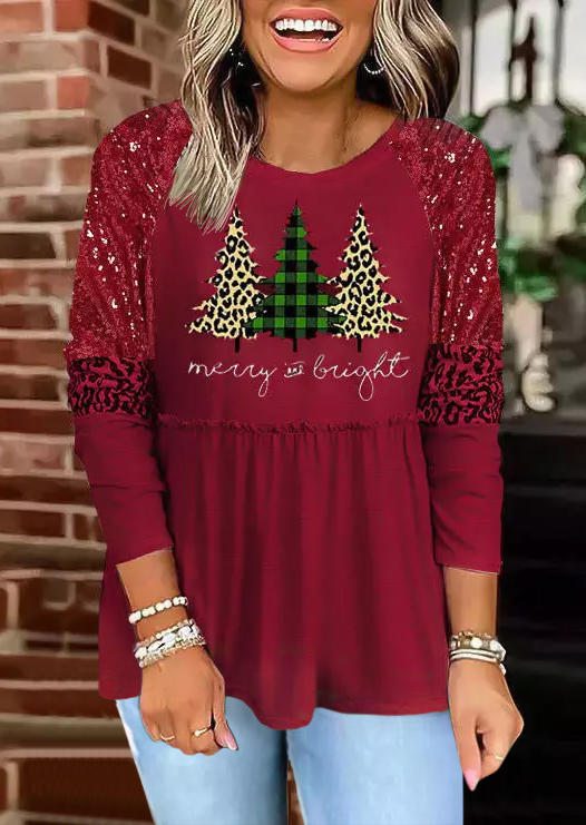 Merry And Bright Sequined Leopard Plaid Blouse - Burgundy
