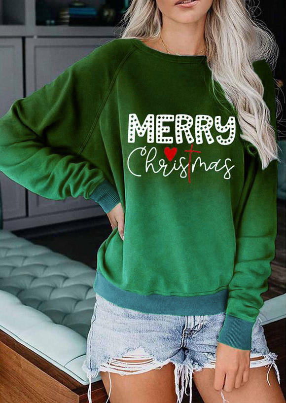 Sweatshirts Merry Christma Gradient Raglan Sleeve Sweatshirt in Green. Size: L,M,S