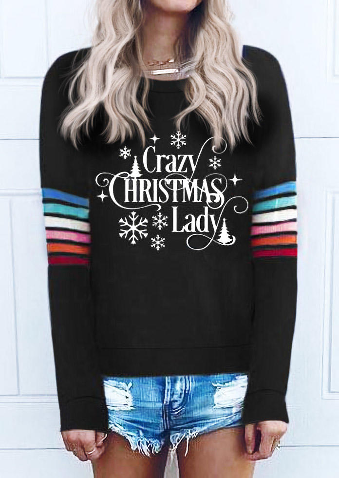 Crazy Christmas Lady Striped Sweatshirt - Black