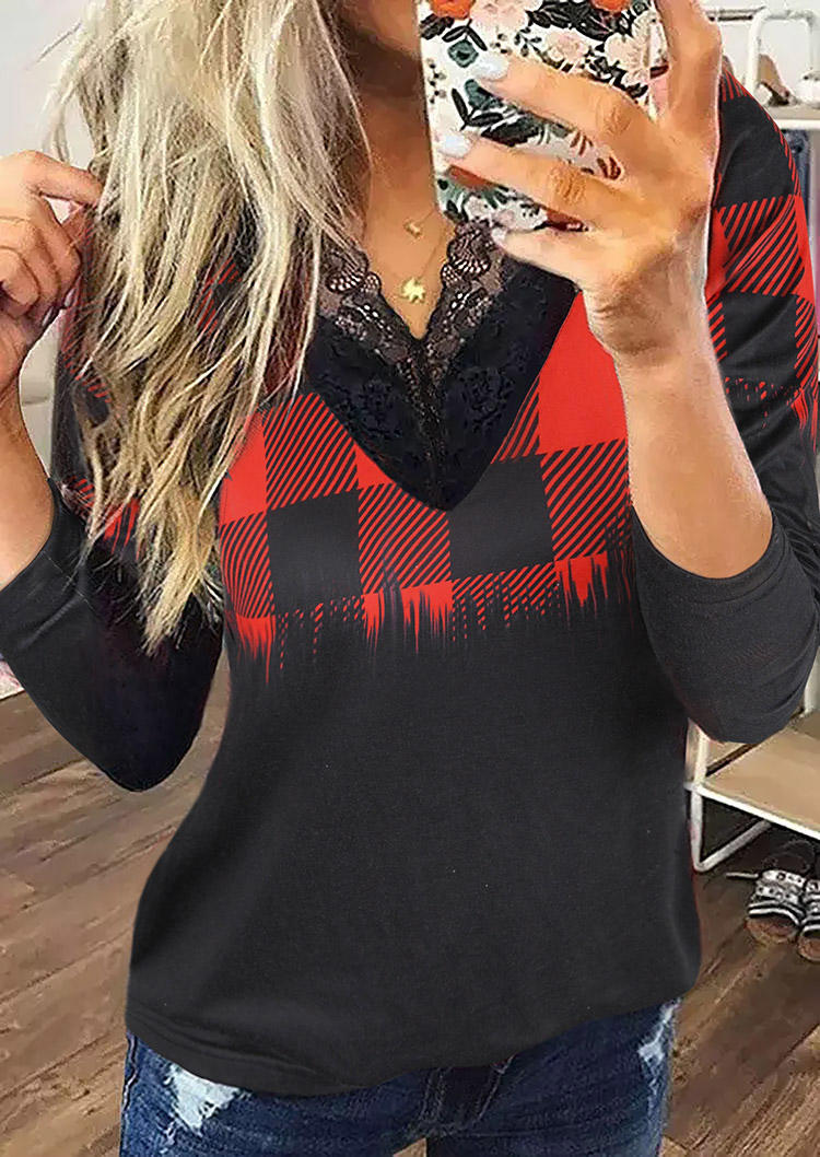 Lace Splicing Plaid Blouse - Black